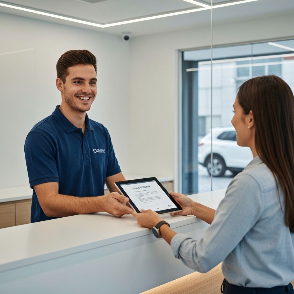 Rental agent handing over keys to a happy customer