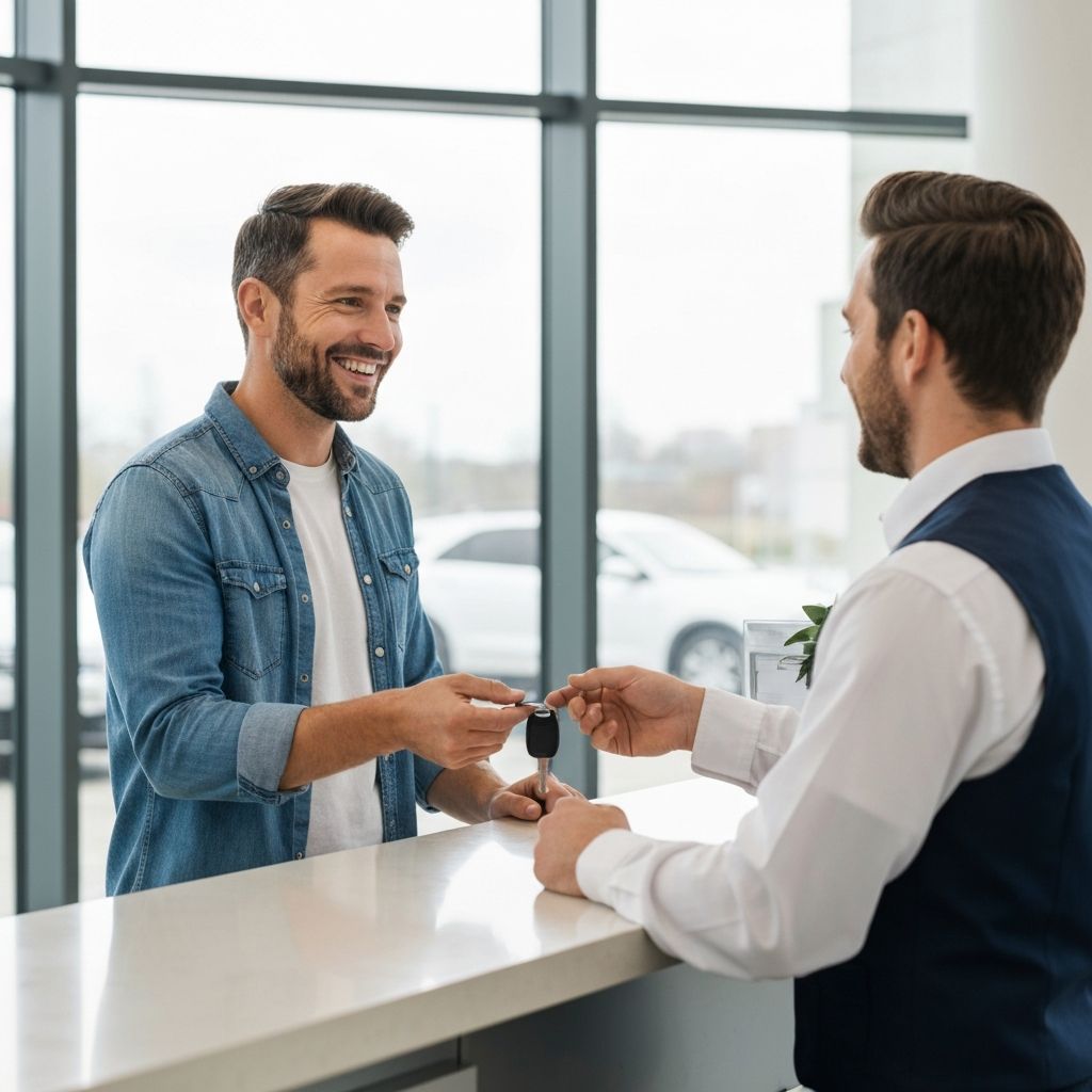 Cliente feliz recibiendo llaves de un agente de renta