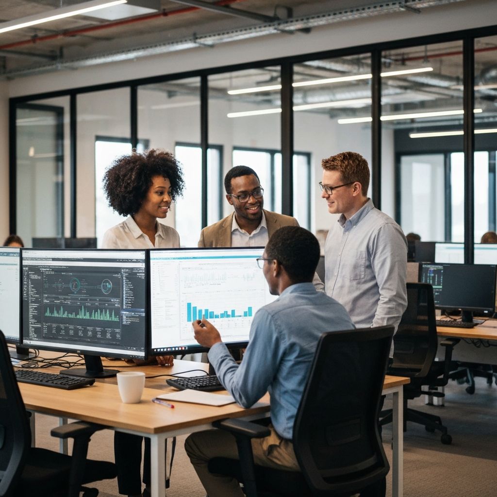 Corporate onboarding and support meeting with specialists reviewing a dashboard